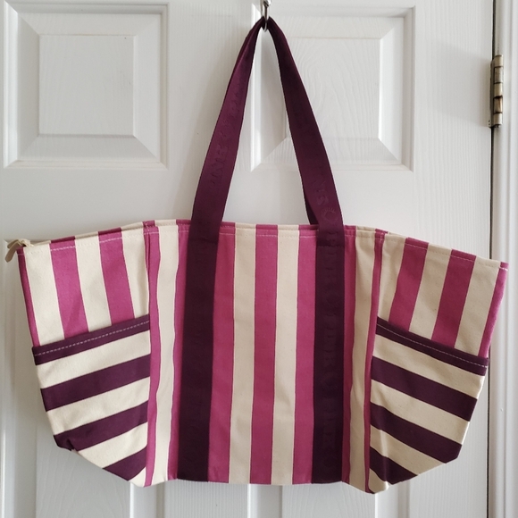 NWT Victoria's Secret Pink Striped Carry On Large Canvas Zipper Beach Tote - Picture 8 of 11
